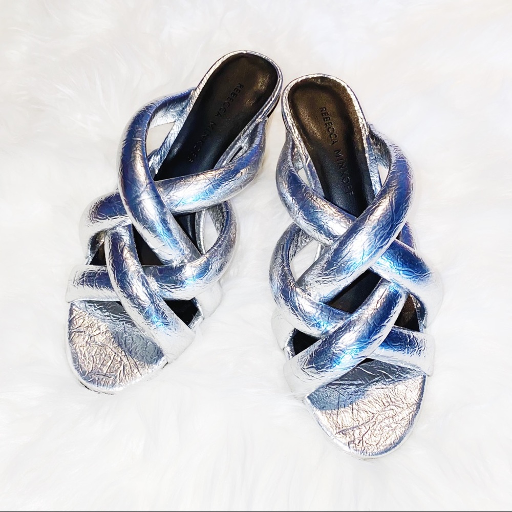 REBECCA MINKOFF Amandine Strap Silver Heels 6.5M - fit like a 6! 🪩 DISCO!